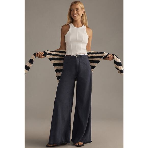 Anthropologie Pants - Anthropologie Pilcro The Adi Linen Mid-Rise Wide leg Flare Pants Navy 31